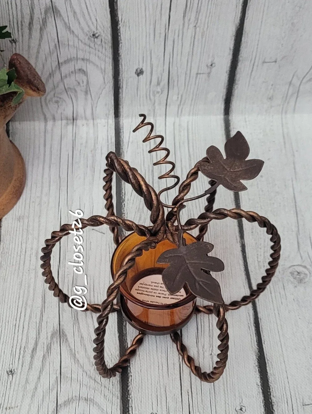 Amber Glass Pumpkin Votive Holder with Twisted Metal Frame